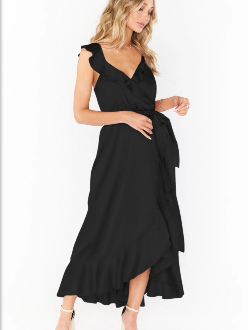 Show Me Your Mumu NWT Samantha Ruffle Black Wrap Dress Size Large NO SASH